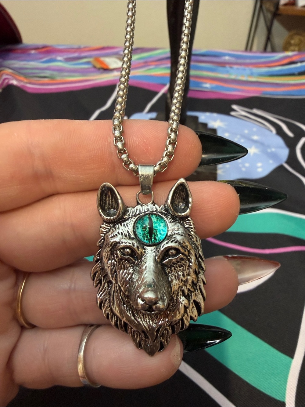 Wolf Head Pendant Necklace with Teal Accent